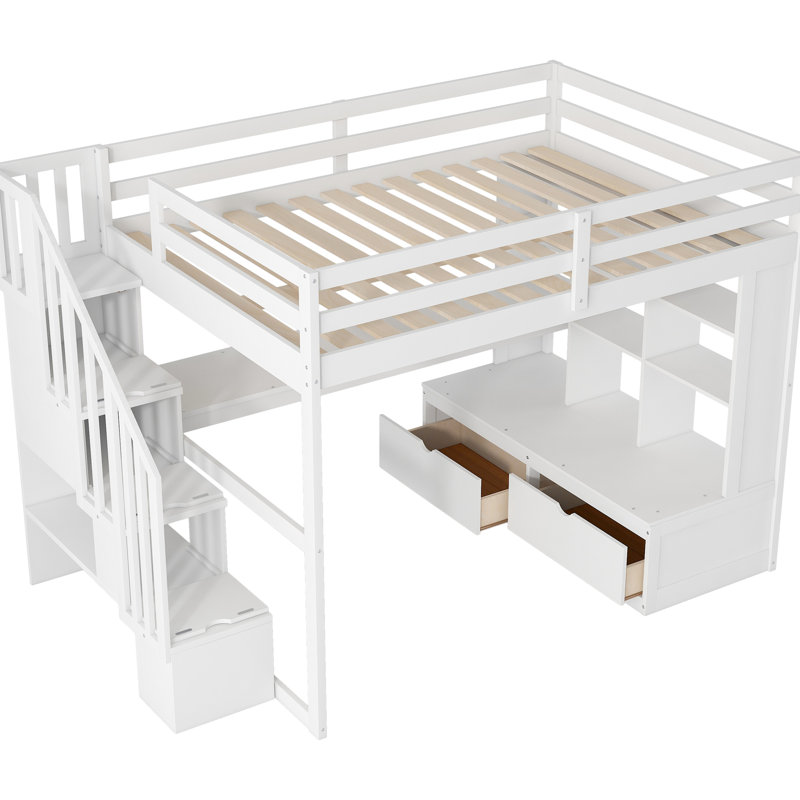 Lit mezzanine double avec bureau, tablettes, 2 tiroirs intégrés et escalier de rangement pratique et polyvalent