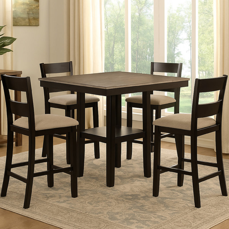 Ensemble de table à hauteur de comptoir et 4 chaises Losy, plateau carré en bois gris, Noir anthracite