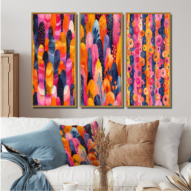 Rose et bleu bohème à pois et à rayures I - Collection d'art mural moderne, H 40 po x l 60 po, Impression encadrée flottante