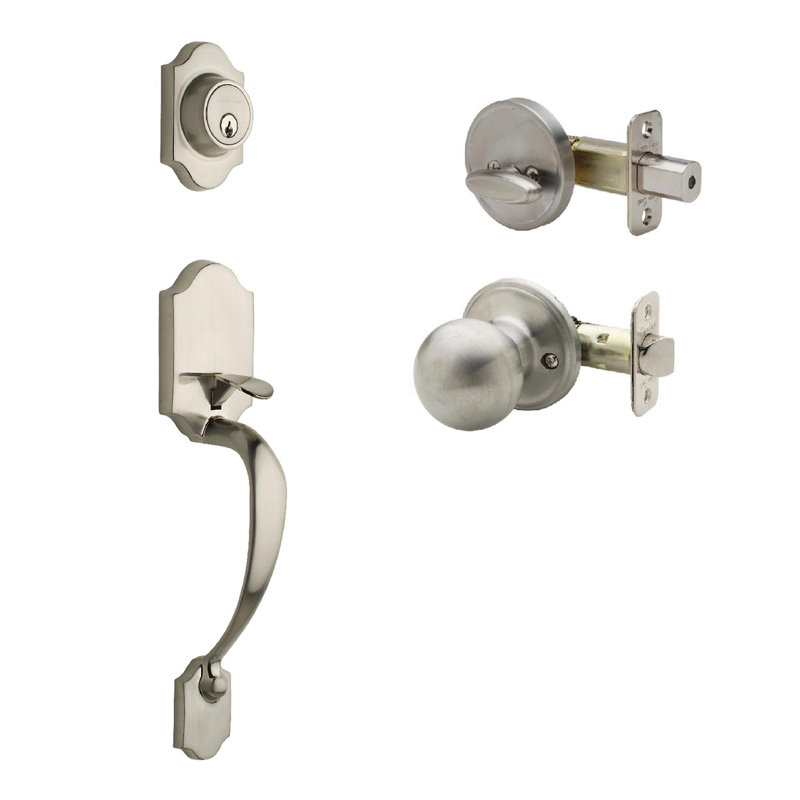 Jeu poignées en cuivre creek avec verrou et bouton de porte à cylindre simple et rosette Heritage, Acier inoxydable satiné