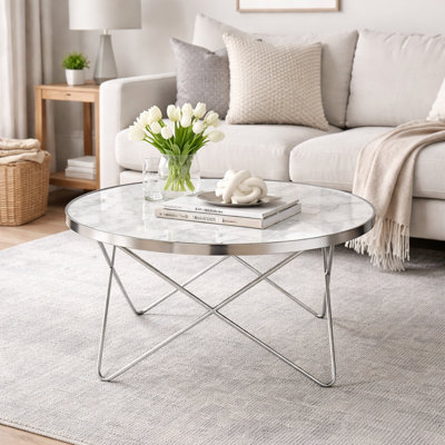 Table basse 32 po moderne à effet marbre avec base géométrique en métal, petite table d'appoint de salon