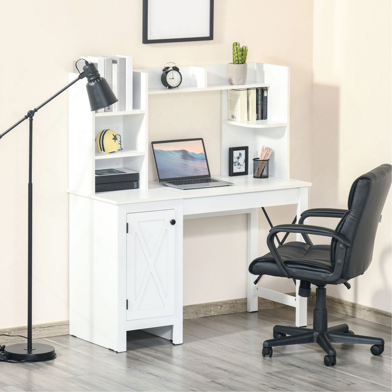 Farmhouse Computer Desk With Hutch And Cabinet, Home Office Desk With Storage, For Study, White, White