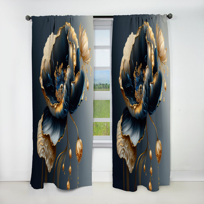 Rideau occultant en velours fleuri bleu foncé et doré fleur simple I, L 52 po x L 90 po