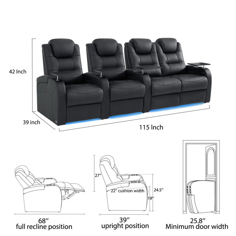 Double fauteuil inclinable de cinéma maison en cuir fleur avec ports USB et de type C, Cuir véritable noir