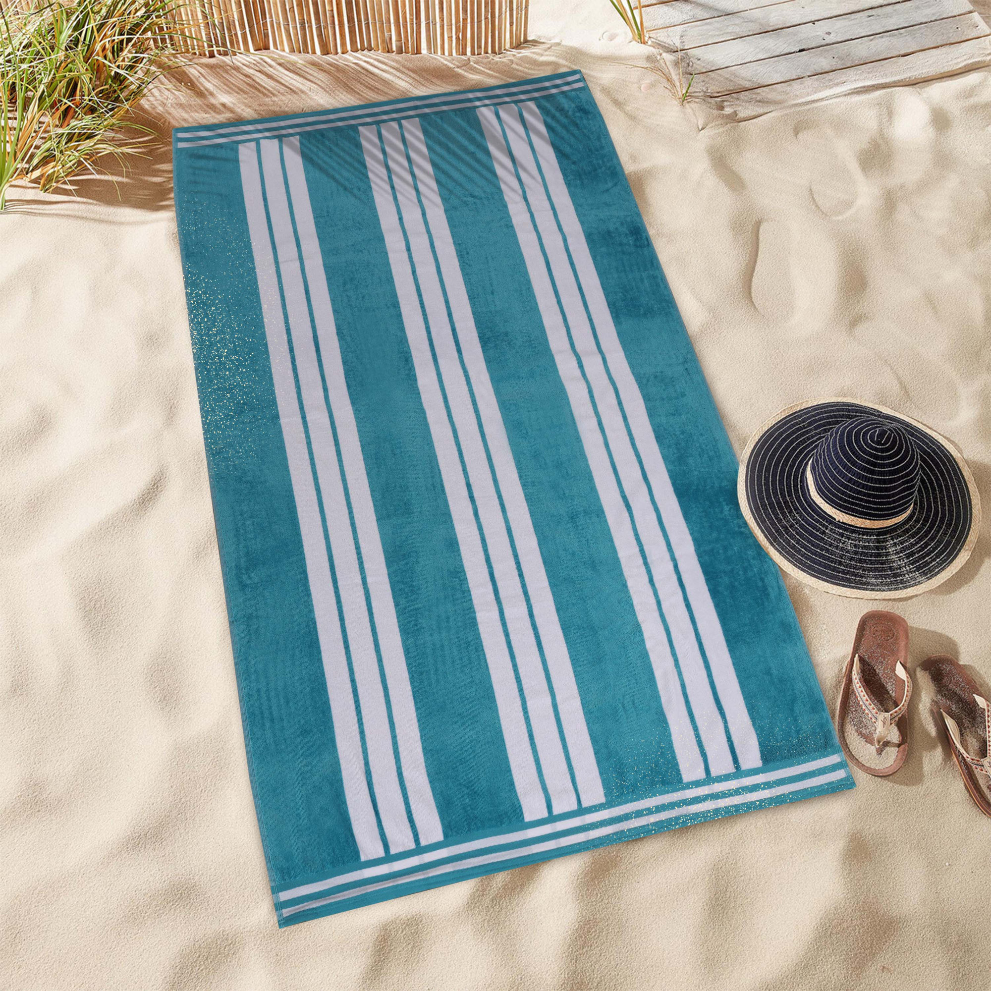 Chira Oversized Stripe Cabana 100% Cotton Beach Towel, Turquoise, Beach Towel - 4 Pack