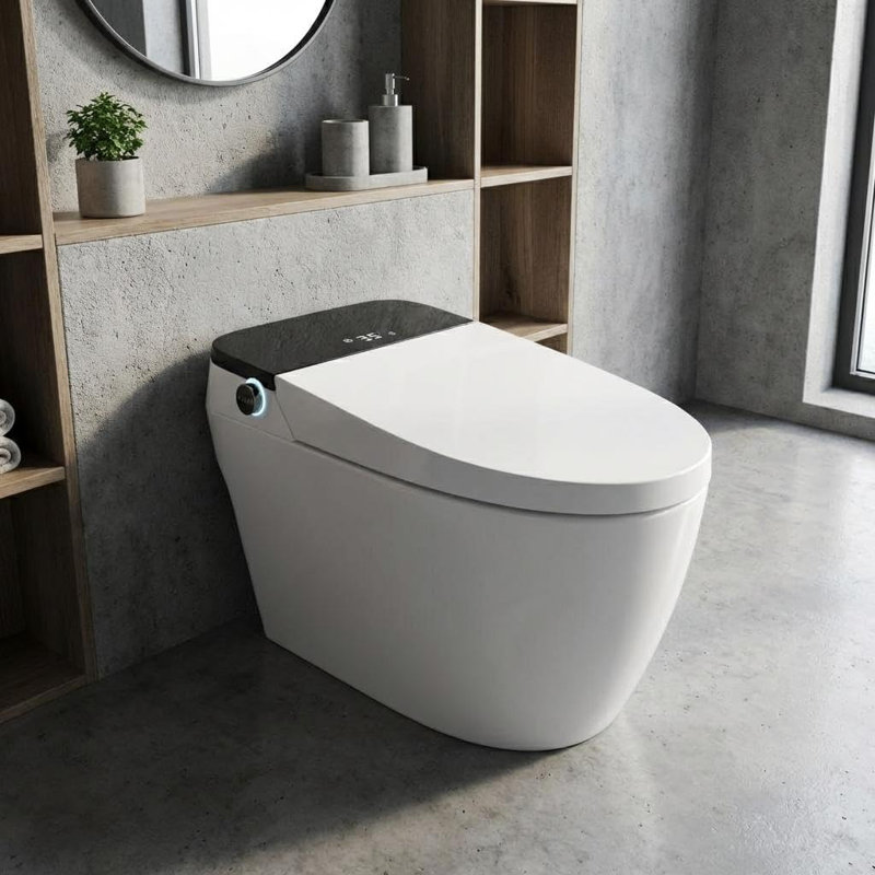Smart Bidet Toilet with Auto Open/Close & Heated Seat - One Piece Toilet with Foot Sensor Lift, Silent Flushing, Warm Air Dryer & LED Night Light, Remote Control, Black