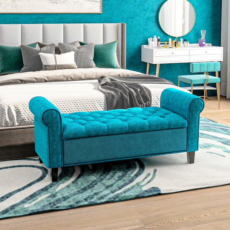 Banc de rangement 50 po avec velours bleu sarcelle et capitonnage à boutons - Banc, accoudoirs roulés rembourrés pour la chambre à coucher, le salon, le vestibule, l'espace