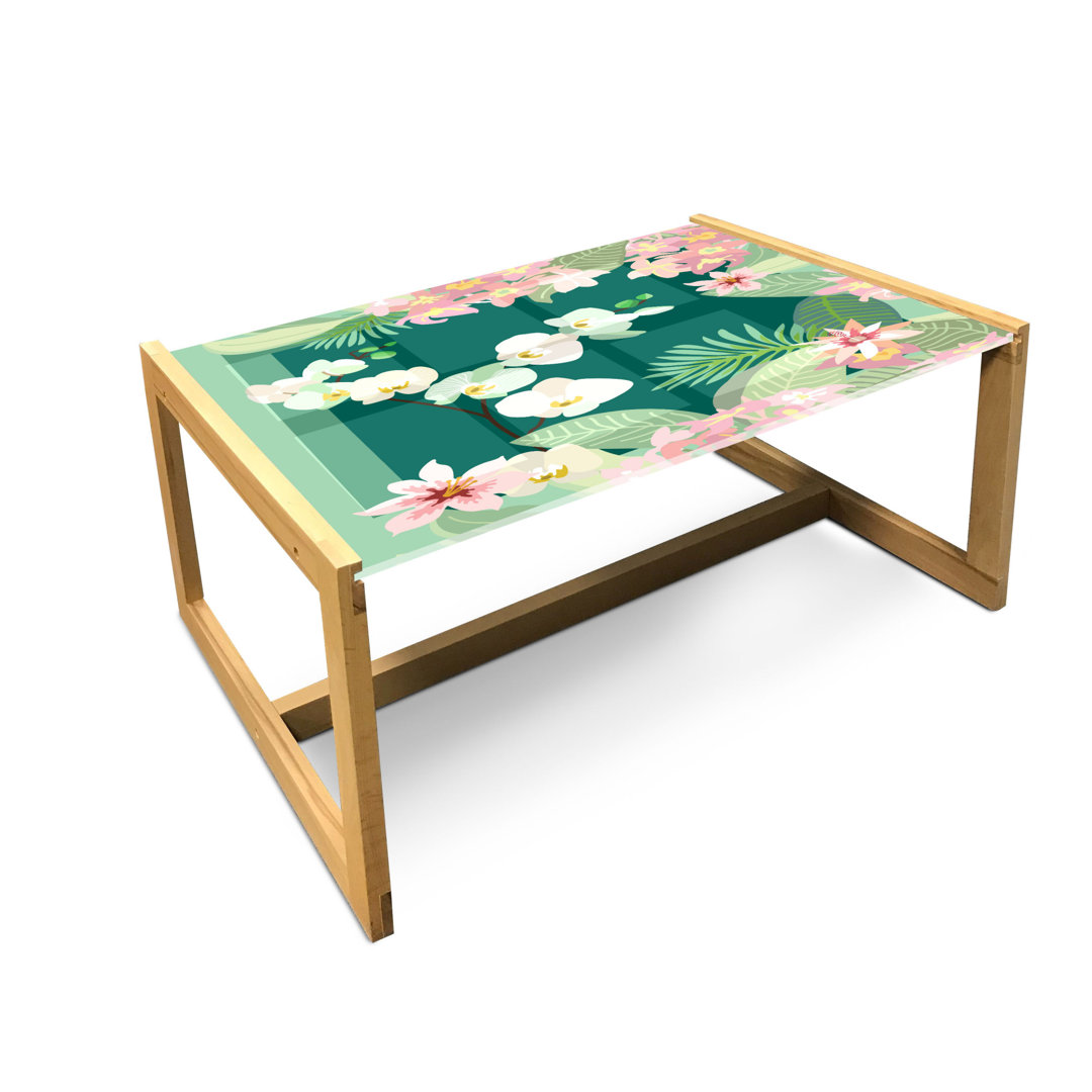 Couchtisch Jaielle mit Druck von tropischen Blumensträußen, Botanisch, Jungle, Tisch mit Acrylglas und Holzrahmen für Bü...