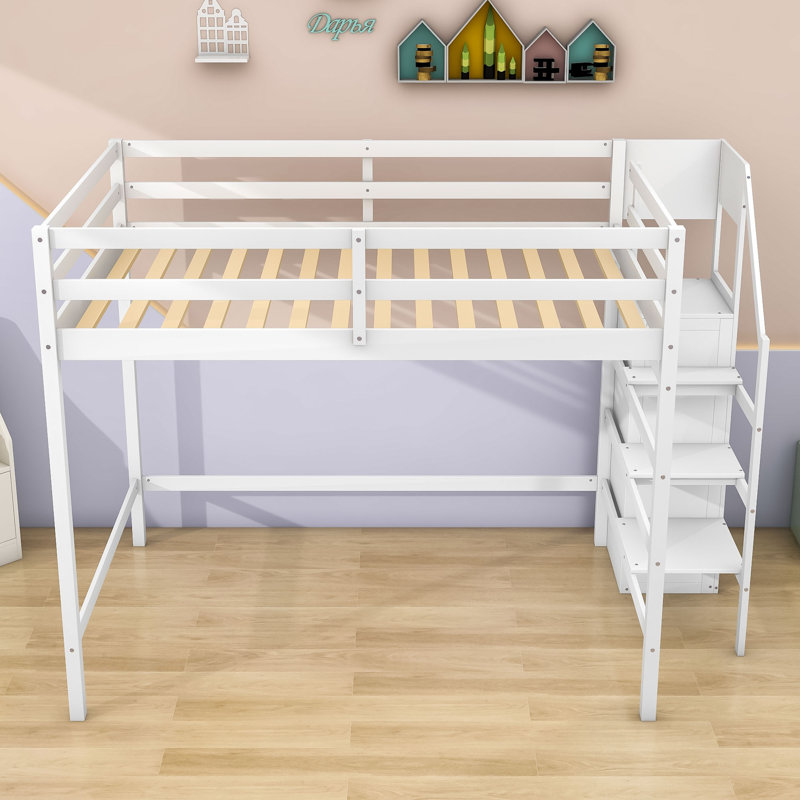 Lit mezzanine double en bois avec garde-corps, garde-robe et escalier, Blanc