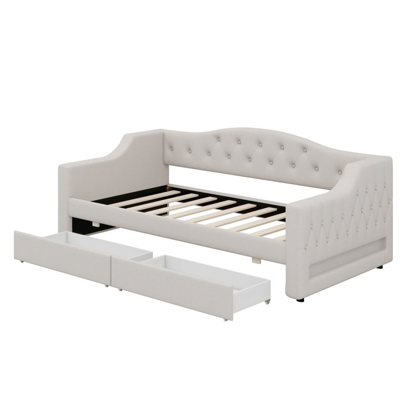 Twin XL Daybed Adorned With LED Lighting And Dual Drawers, Beige