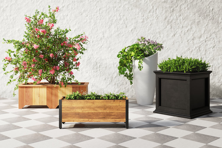Assortment of planters on a checkered patio, including two wood box planters, one black box planter, and white pot planter.
