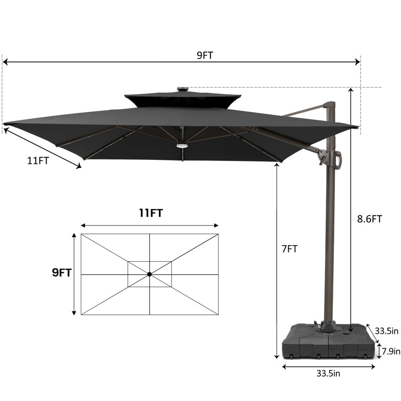 Parasol extérieur rectangulaire en porte-à-faux à DEL 128 pi x 104 pi, base de poids incluse, Noir