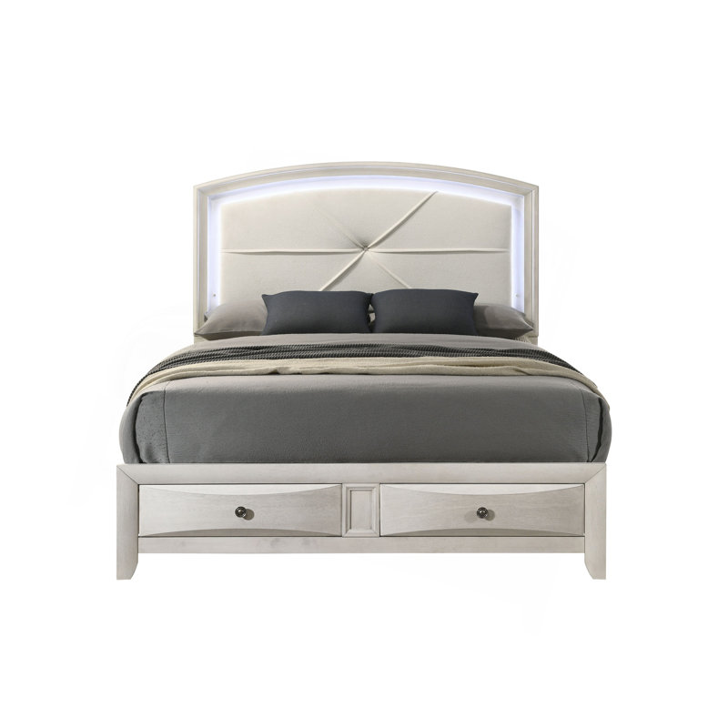 Lit EK blanc antique avec rangement et DEL, Lit double