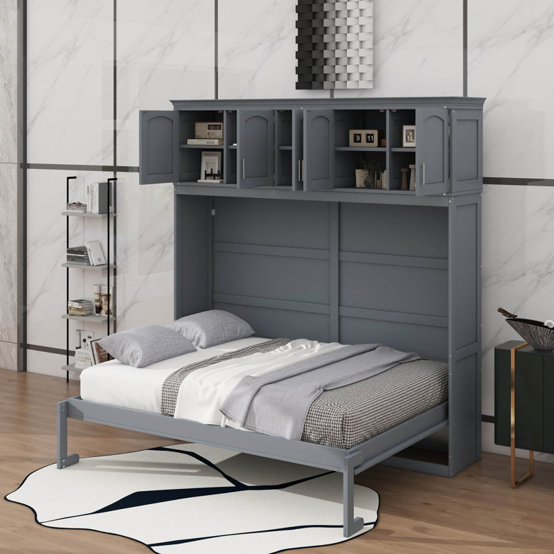 Grand lit escamotable avec armoires supérieures, Gris