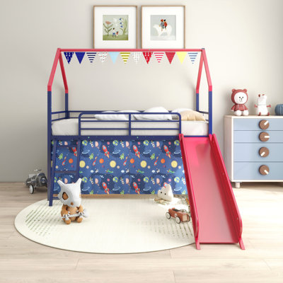 Lit mezzanine simple en métal avec glissade et rideau en métal Junior House, bleu marine et rouge Super Hero