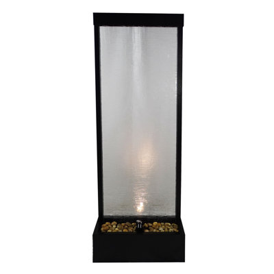 Waterfall Fountain With Led Light - 72‑inch Tall Standing Cascading Textured Glass & Aluminum Floor Design - Water Feature Indoor, Black