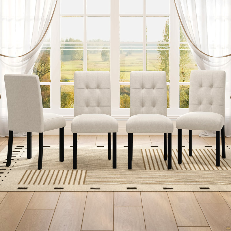 Chaise de salle à manger capitonnée 4 pièces en lin rustique avec pieds en bois d'hévéa noir, Beige