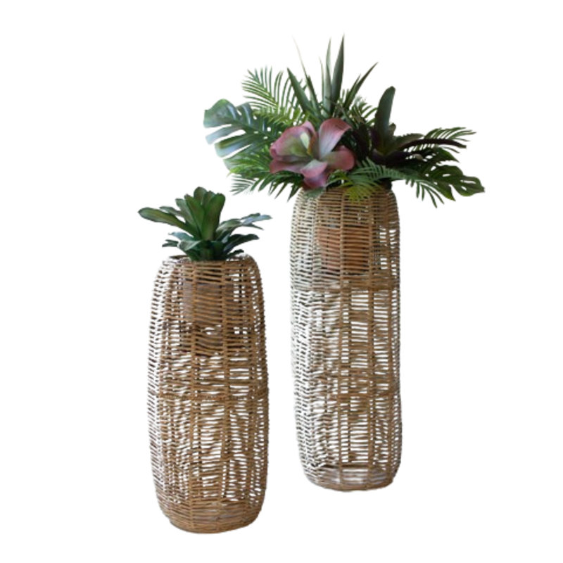 Handmade Tall Woven Seagrass Barrel Planters Set