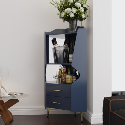 Armoire de bar en bois avec 2 tablettes de rangement ouvertes et 2 tiroirs