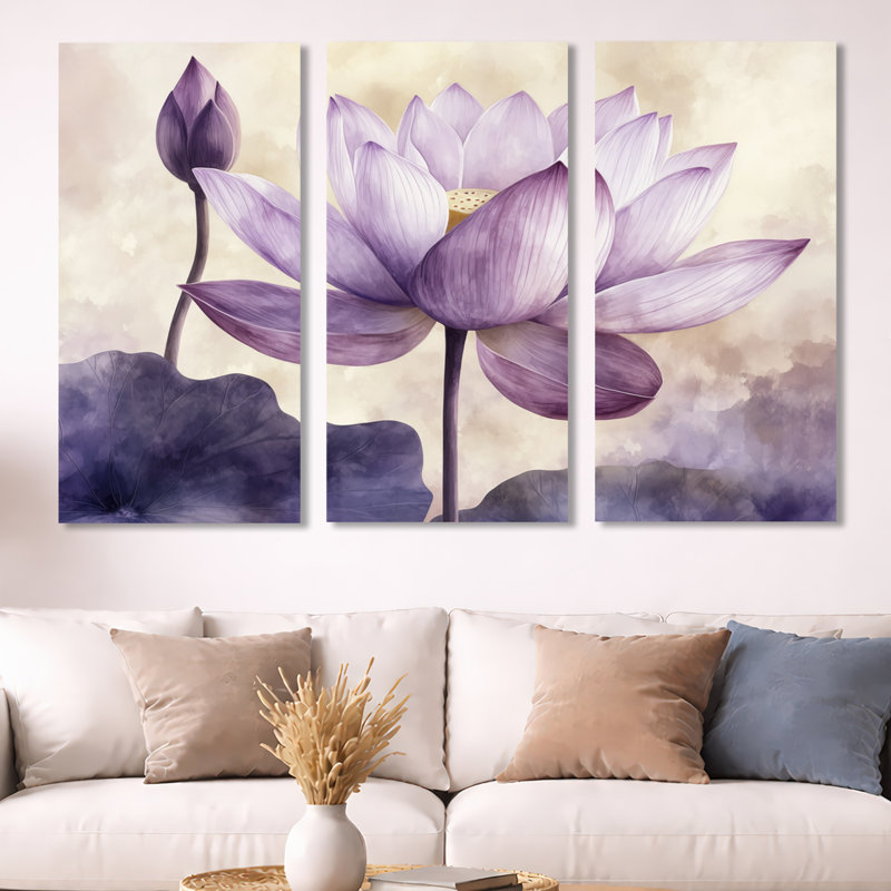 Lavande lotus léger I - ensemble de 3 toiles encadrées florales, H 40 po x l 60 po, Toile tendue