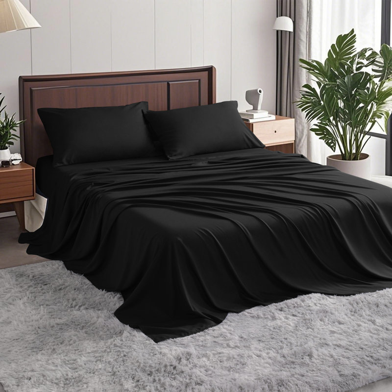 Rayon From Bamboo Fiber Polyester Blend Sheet Set Ultra-Soft Durable All-Season Comfort Bedding, Black