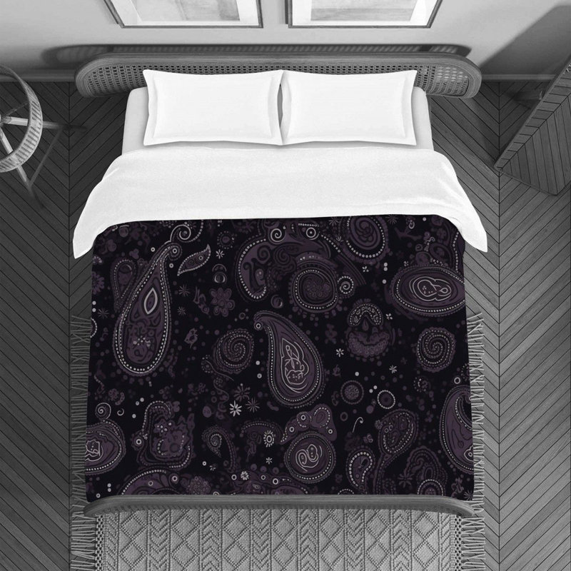 Machine Printed Duvet Cover, Twin Duvet Cover, Black/Gray/Purple Paisley