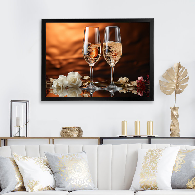 Verre doré champagne champagne - art mural champagne, Cadre d'angle fermé noir, H 34 po x l 44 po x P 1,5 po