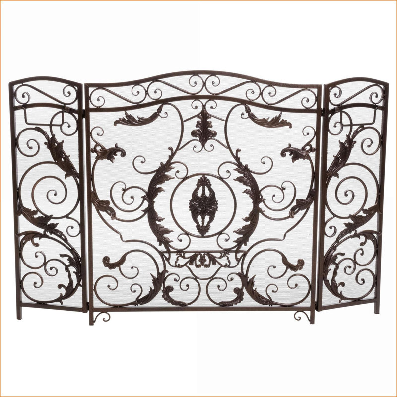 Pare-étincelles, pliable traditionnel à trois panneaux avec motif floral doré | Noir et or | Fer