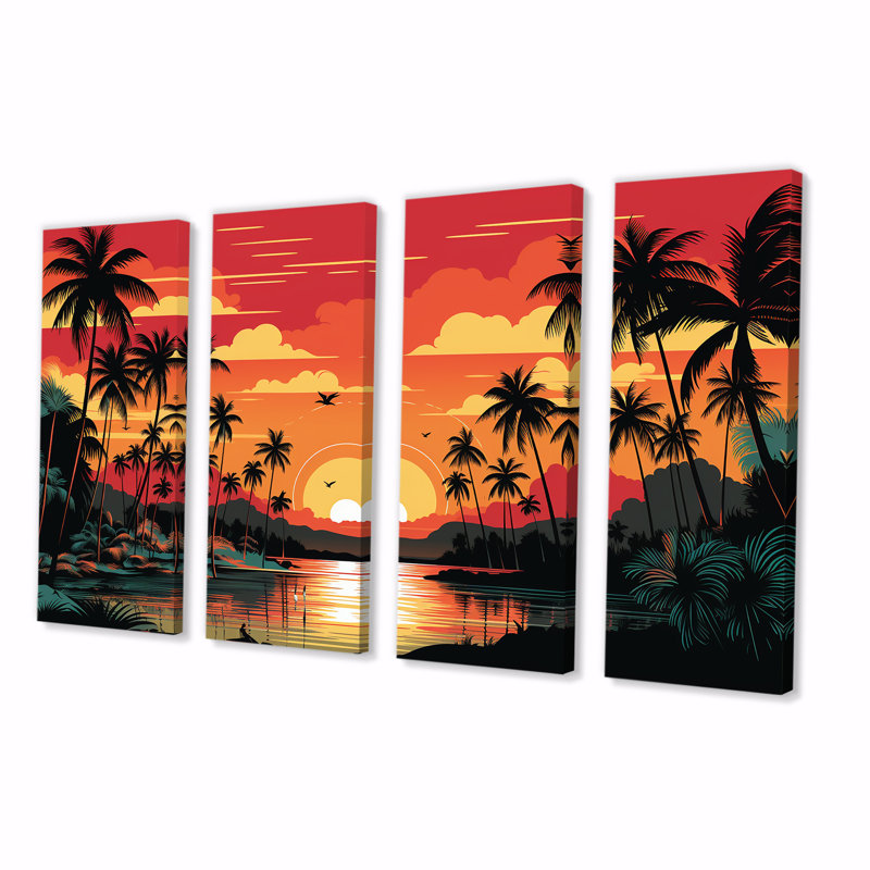 «Orange Sunset Bold Landscape I - Coastal Sunset», ensemble de 4 pièces d'art mural, H 32 po x l 64 po