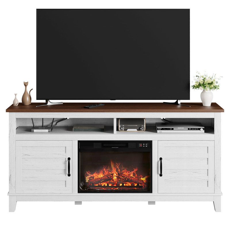 Meuble télé 63 po avec insert électrique 23 po, 8 compartiments de rangement et tablettes réglables Farmhouse, Blanc