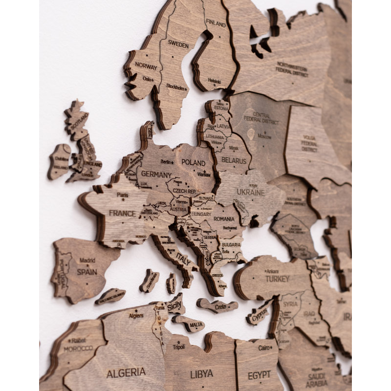 Carte du monde en bois 3D chêne, H 24 po x l 39 po x P 0,47 po