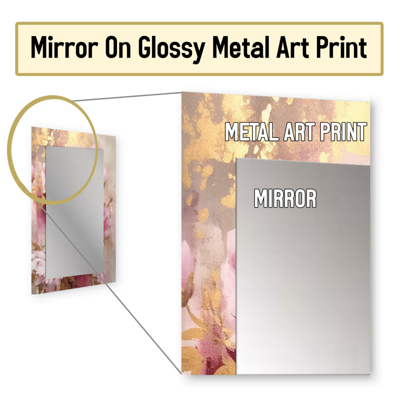 Pink And Gold Peonies In Radiance - Large Wall Mirror On Metal, 32" x 24"