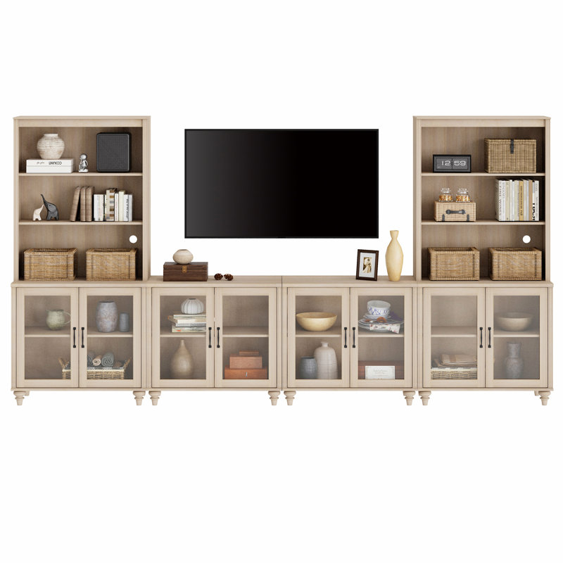 Entertainment Center With Bookshelves For Tvs Up To 75", Farmhouse Wall Unit TV Stand With Glass Doors, Bedroom & Home Theater, Light Beige