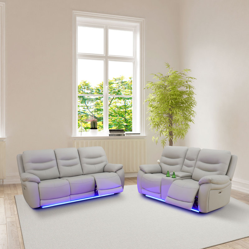 Ensemble de canapé et causeuse inclinable en cuir et PVC 2 pièces gris clair