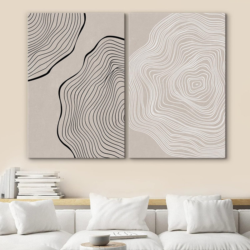 «Black Tan White Tree Wood Ring Collage Nature Modern Art Rustic On Canvas», reproduction de 2 pièces, Toile tendue