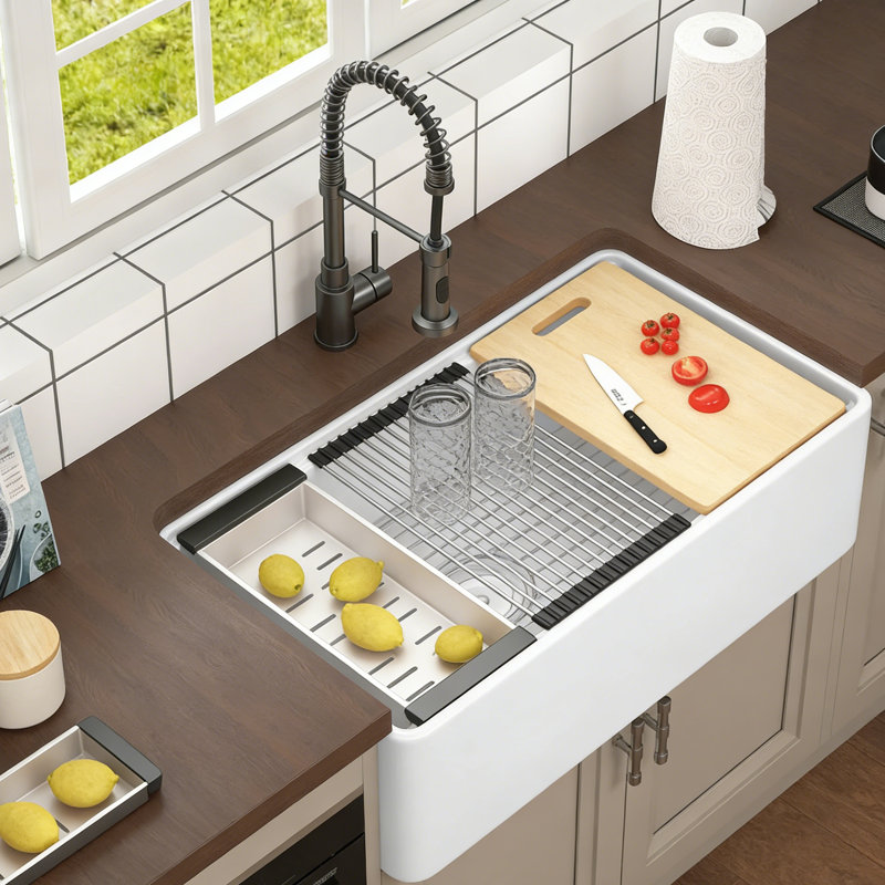 33"L x 20"W Fireclay Farmhouse Kitchen Sink Rectangular Apron-Front Deep Workstation Sink with Cutting Board and Dish Drying Rack
