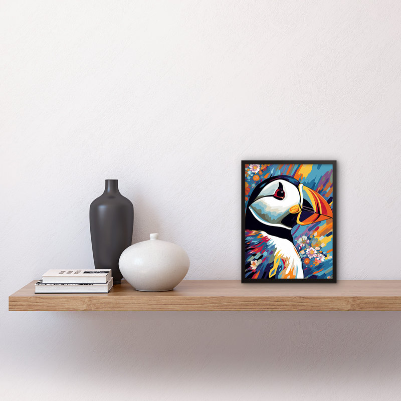 Adhamh Puffin And Flowers Vibrant Colour Psychedelic Sea Bird - Single Picture Frame Print