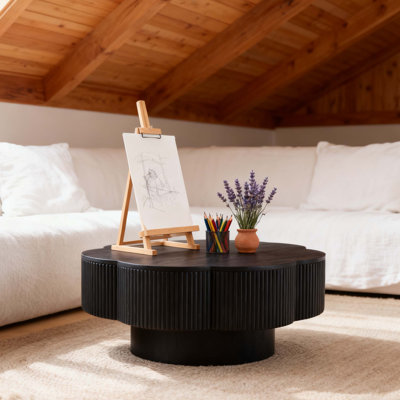 Modern Flower Shaped Coffee Table with Storage, Elegant Plum Blossom Design in Natural Wood Veneer for Living Rooms and Offices, Easy Assembly, Black by Latitude Run