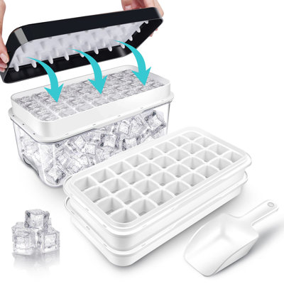Bacs à glaçons pour congélateur avec couvercle et bac, bac à glaçons pour faire 64 cubes de glace, pression facile pour libérer la glace, bac à glaçons avec bac de rangement, bar à whisky, 2 plateaux, 1 seau à glace et cuillère (noir)