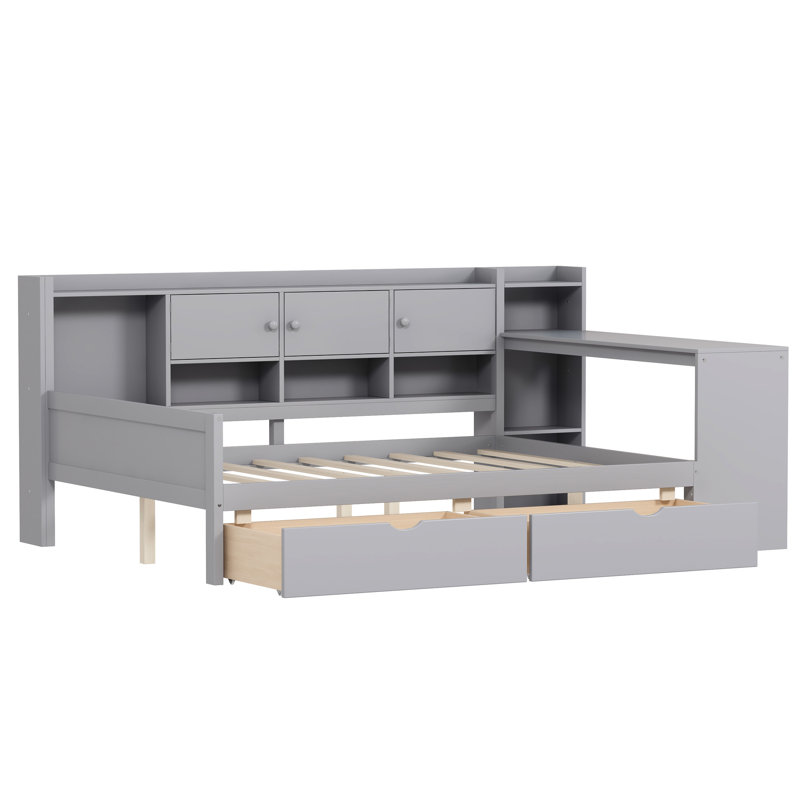 Lit de jour gris avec rangement conçu, bureau d'étude polyvalent et structure stable avec bibliothèque intégrée réglable, idéale pour les petits espaces invités