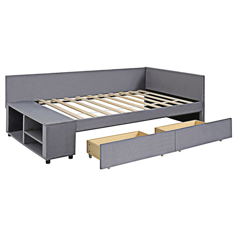 Lit plateforme simple tapissier en forme de L avec rangement, gris