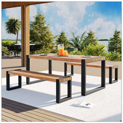 3-Piece Acacia Wood Dining Set with Steel Frame & Unique Wood Texture