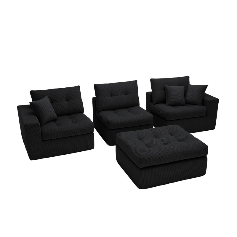 Canapé modulaire de 113 po en velours côtelé 113 po avec 3 coussins décoratifs sans assemblage requis, Noir