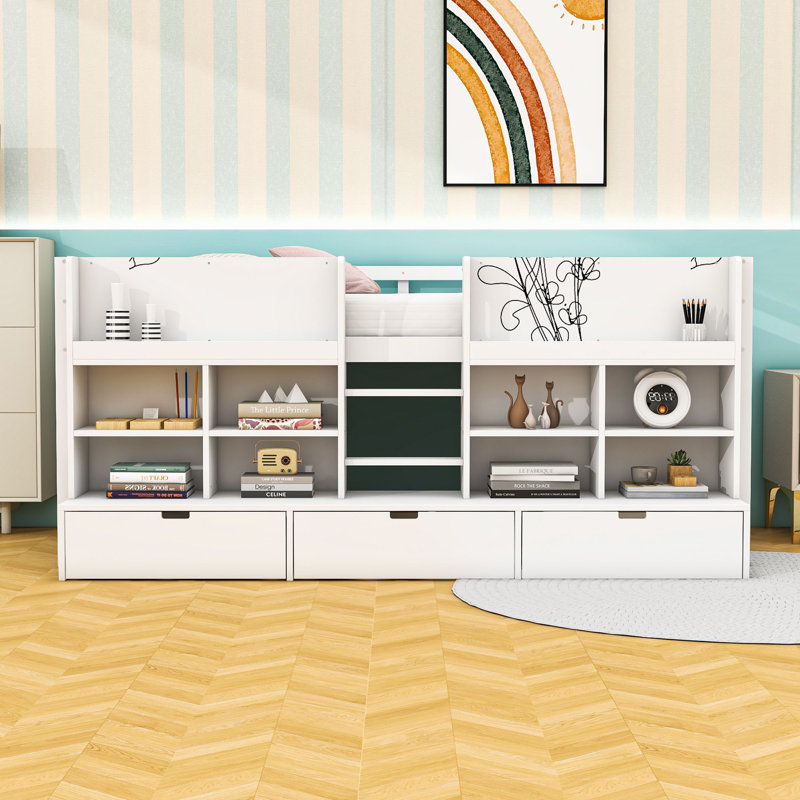 Multi-Functional Wooden Low Loft Bed with Built-in Storage Drawers and Shelves, Twin XL, White