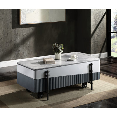 Table basse grise et blanche ultrabrillante avec espace de rangement mobile