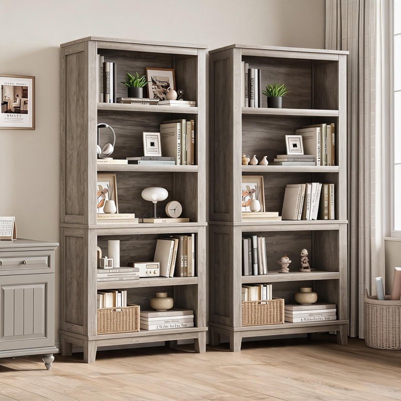Ensemble de 2 grandes bibliothèques modernes à 5 niveaux - Étagères étroites avec tablettes réglables et pieds en bois - Organisateur de bureau de ferme - Gris