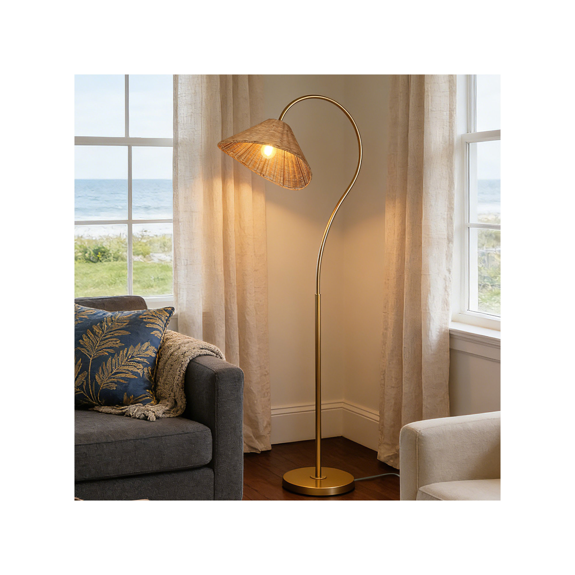 65” Arched Dimmable Rattan Floor Lamp, Gold