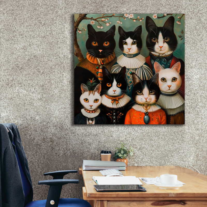  «Cat Familia In Ornate Attire» par Doron David, art mural sur toile, 37 po x 37 po, H 37 po x l 37 po