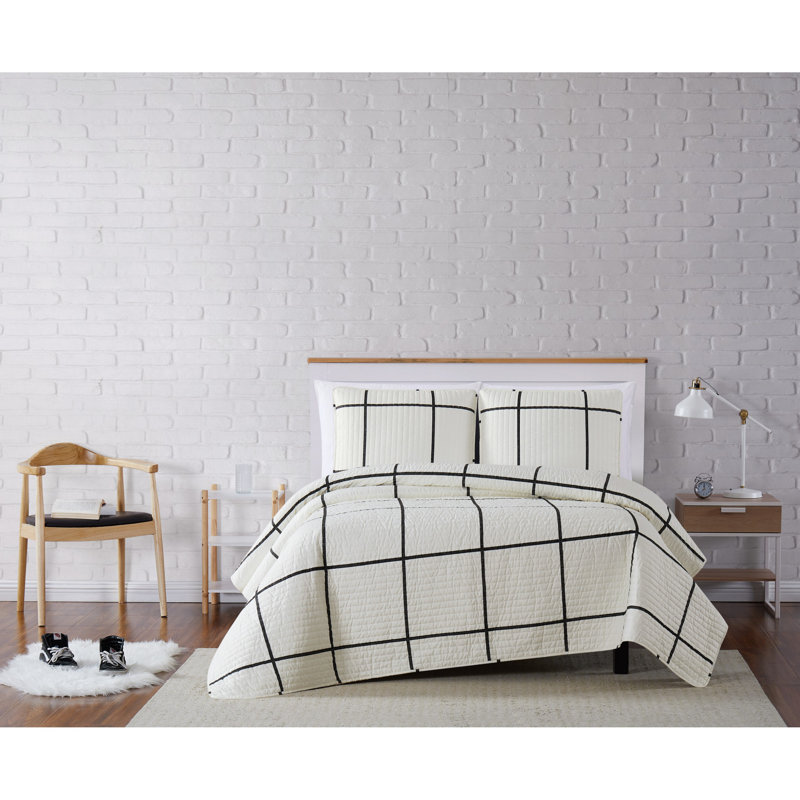  Ensemble de courtepointe en microfibre ivoire / noir Windowpane, Courtepointe simple TG + 1 taie décorative