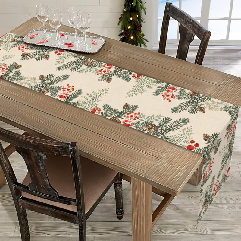 Winter Pine Cone Needle Branch Berry Table Runner, Watercolor Botanical Tabletop Scarf Home Kitchen Plant Decor, Seasonal Farmhouse Holiday Rustic Burlap Dining Decorations Party Supply